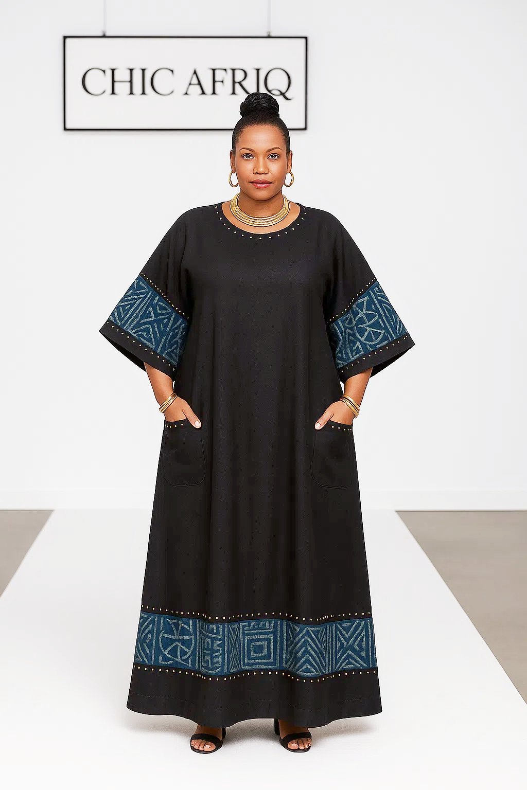 Black Linen Royal Stud Boubou Ndop Noir Boubou