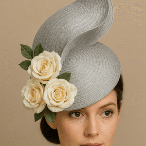 Silver-double Sculptured fascinator with cream Roses.